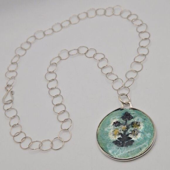 Sterling‎ Silver Enamel Necklace Artisan Handcrafted Chain Boho Floral Pendant - Picture 2 of 7